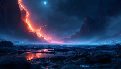Fototapeta premium Dramatic Orange Lightning Streaking Across Dark Mountain Landscape