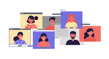 Virtual Meeting Illustration Connecting Faces in a Digital Grid for Online Collaboration and Communication