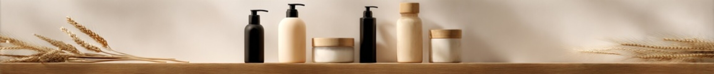 Minimalist cosmetic products sit on wood shelf with wheat stalks. Suitable for beauty product marketing, web design.