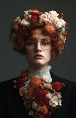 Conceptual fashion portrait of a woman with curly red hair, round glasses, and floral adornments. Blends botanical beauty with structured style, evoking elegance and avant garde flair.