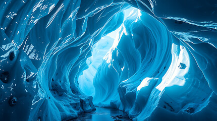 Obraz premium A luminous blue glacial ice cave reveals an ethereal, otherworldly interior, showcasing intricate formations and a light source at its far end.