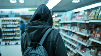 Man or boy in black hoodie in shop retail theft crime concept