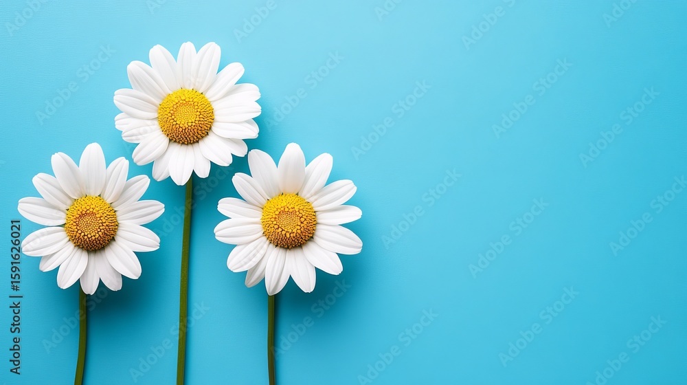 Poster spring nature composition with daisies on azure background, ideal for custom message placement