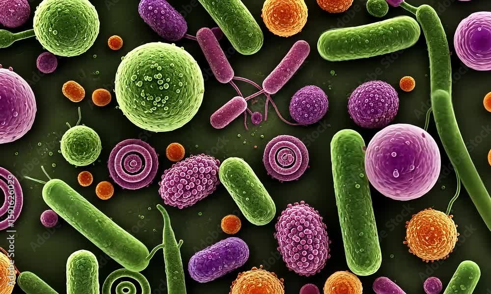 Poster colorful microscopic representation of various bacteria shapes and forms against dark background