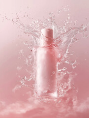 Cosmetic Bottle Splash. Pink essence bottle stands amidst a water splash. Clean beauty, skincare concept. For web, beauty editorial, marketing, ads, product design.