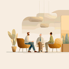 Office interior with three people sitting in comfortable chairs during business negotiations