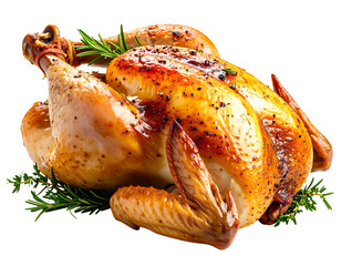 Whole Roasted Chicken Garnished with Herbs, Front Angle View, isolated on transparent background