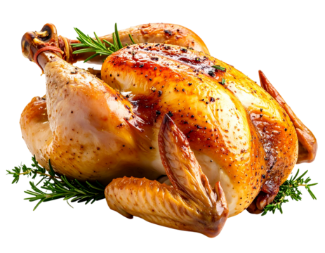Whole Roasted Chicken Garnished with Herbs, Front Angle View, isolated on transparent background