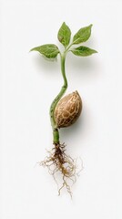Growing seedling with two green leaves and a developing root system against a plain white background during early spring