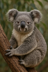 Close-Up of a Koala Bear Clinging to a Eucalyptus Tree in Natural Habitat
