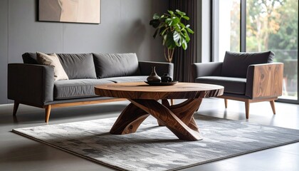 Sculpted wooden coffee table with twisted base over slate rug, surrounded by tonal walls and minimalist accents