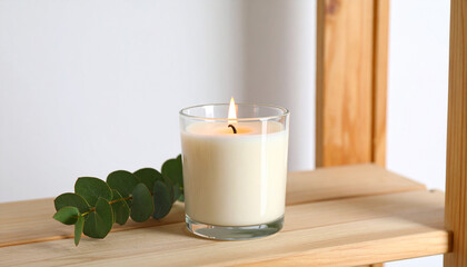 Candle with Eucalyptus branch on wooden shelf background