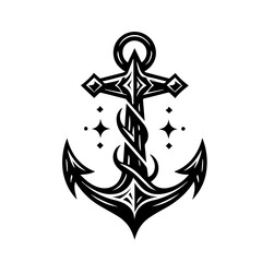 Fototapeta premium A stylized nautical anchor with a twisted rope and sparkling stars, symbolizing strength and guidance