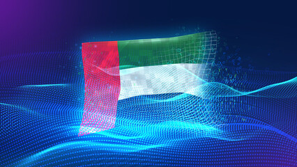 UAE A futuristic digital background merging with a national flag symbol, representing the concept of technology, innovation, and digital transformation while preserving cultural identity.