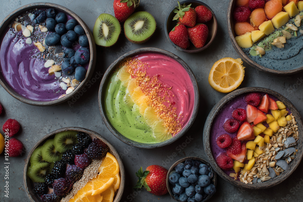 Poster a colorful assortment of fruit and smoothies are displayed on a counter
