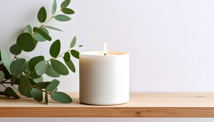 Candle with Eucalyptus branch on wooden shelf background