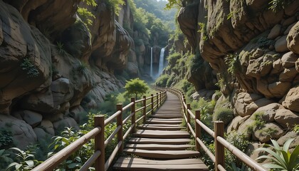 Wooden Path Leading to Waterfall in Rocky Canyon Landscape View