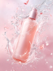 Pink bottle bursts with water. Splash background for lotion, skincare, cosmetics ad, marketing, web design, product promo.