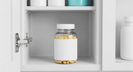 Clear pill bottle with yellow capsules on white shelf in medicine cabinet