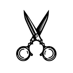 A vintage illustration of sharp scissors with ornate handles, isolated on a white background
