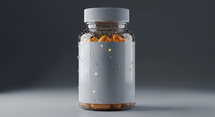 Close-up of water droplets on pill bottle with orange capsules