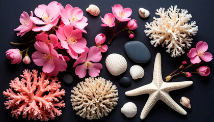 Coral and Pink Blossom Flatlay on dark background, romantic theme