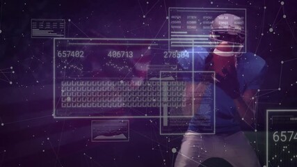 Blue jersey football player emerging sliding stats panels; opponent appearing overlays fading - Powered by Adobe