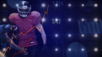 Defender lunging initiating tackle on red runner with animated sports data graphs displaying stats - Powered by Adobe