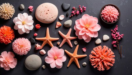 Coral and Pink Blossom Flatlay on dark background, romantic theme