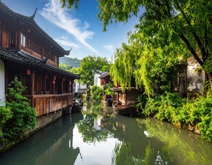 Obraz premium Canal town houses and green trees