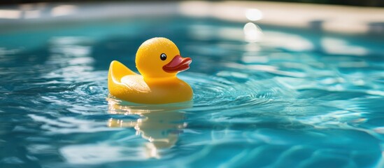 Yellow rubber duck floats on rippled pool water