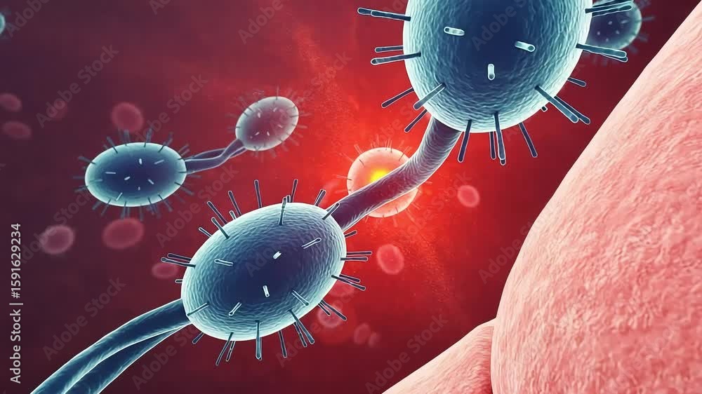 Poster detailed microscopic rendering of a virus structure in red and blue tones