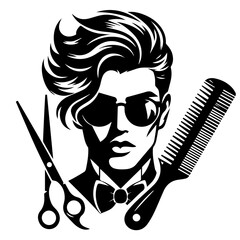 A stylish man with sunglasses and a bowtie, flanked by scissors and a comb, representing barbering services, isolated on white