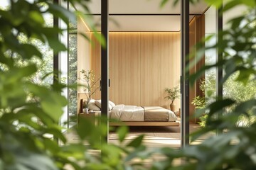 Chambre minimaliste japonaise ouverte sur la nature