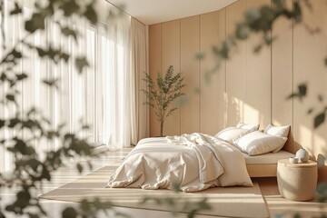Chambre minimaliste japonaise ouverte sur la nature