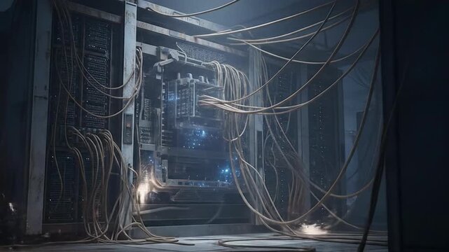 Aging Server Racks and Tangled Wiring in Dim Data Center