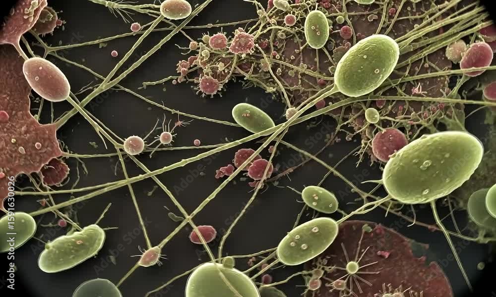 Aufkleber detailed microscopic view of cells showing green and red elements on a dark background