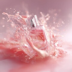 Perfume bottle splashes liquid. Luxury essence bursts on pink. Marketing, design, web use.