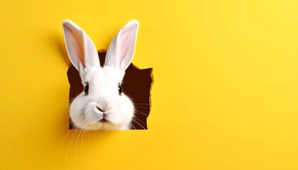 Fototapeta premium White rabbit peeking through a hole in a yellow background