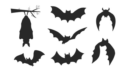 Collection of Halloween bat silhouettes. Hanging black bats with mysterious wings. Flat vector design for horror graphics, decorations, or monster-themed artwork.