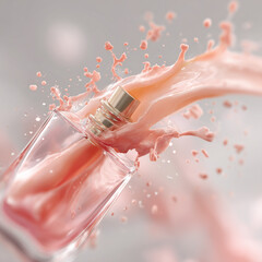 Perfume bottle bursts with liquid in abstract still life. Pink cosmetic splash shot for beauty ads, promotional material, web design.