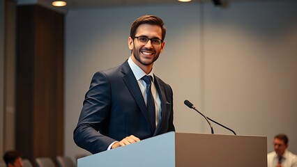 A confident presenter in business attire stands at a modern podium in a professional studio setting.
