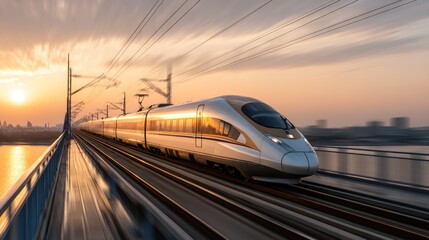 Naklejka premium High-speed train on bridge at sunset (1)