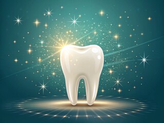 Sparkling white tooth with glowing stars on teal background