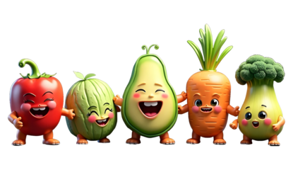Cute Vegetable and Fruit Mascots with Happy Expressions
