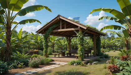 Tropical Garden Gazebo with Banana Trees and Solar Panel