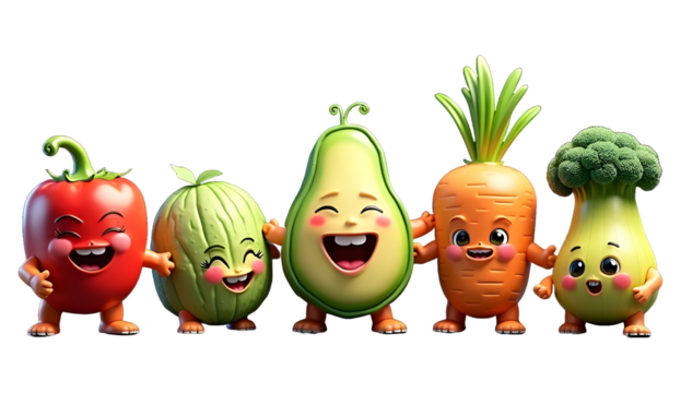 Cute Vegetable and Fruit Mascots with Happy Expressions