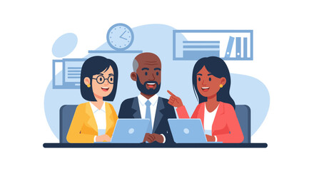 Diverse business team collaborating on laptops, ideal for website banners or presentations.