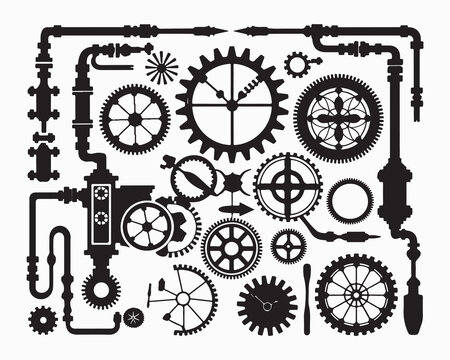 Illustration of black steampunk elements including gears pipes and clockwork on a white background