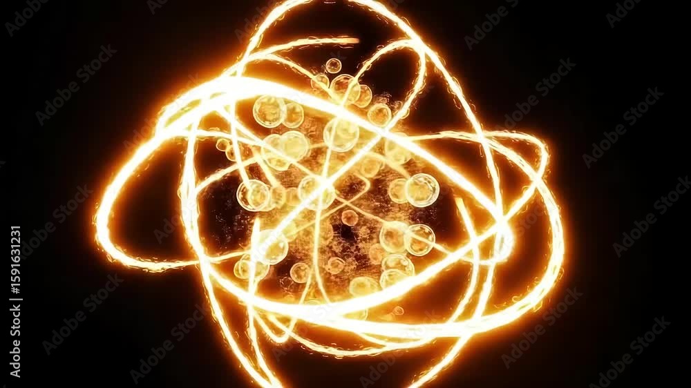 Poster glowing orange atom structure with orbiting electrons against black background illustrating science 